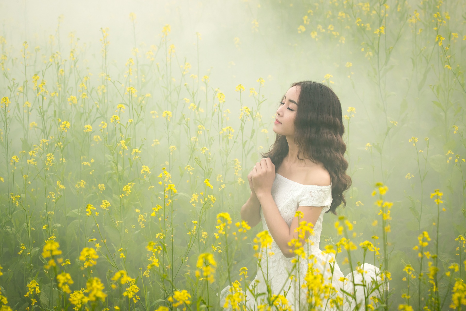 Hands clasped in prayer with a peaceful background of sunlight and nature.